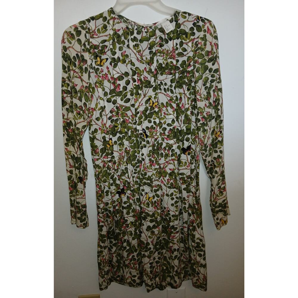 H&M Leaf Butterfly Print Long Sleeve Spring Dress Pin Tucked Bodice Size 2 XS